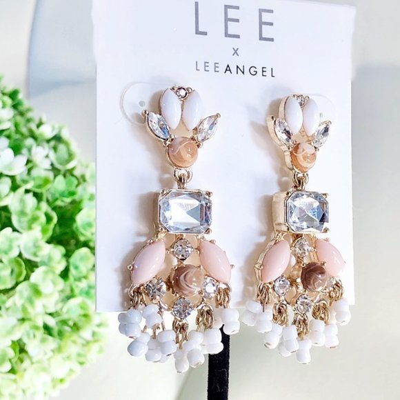 Nordstrom Jewelry - Lee Lee Angel Nordstrom Watercolor Pink White Cabochon bead Fan earrings NWT 89